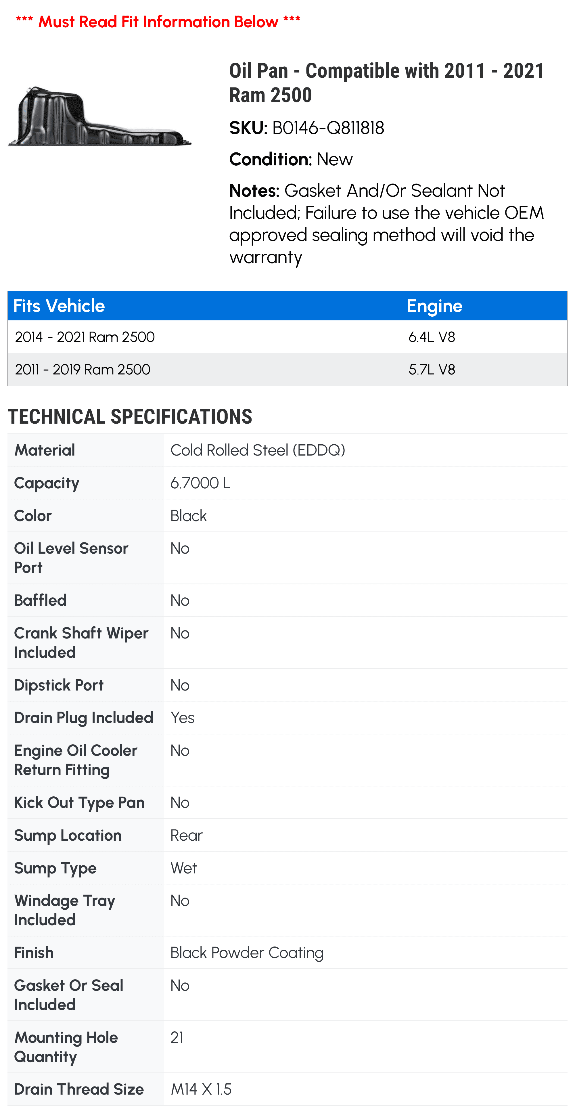 Oil Pan - Compatible with 2011 - 2021 Ram 2500 - Spectra Premium