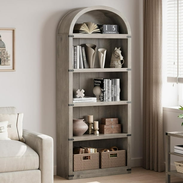 Librería Arqueada de 5 Estantes con Puertas, Librero Alto de Estilo Campestre para Oficina en Casa, Estante de Exhibición de Madera