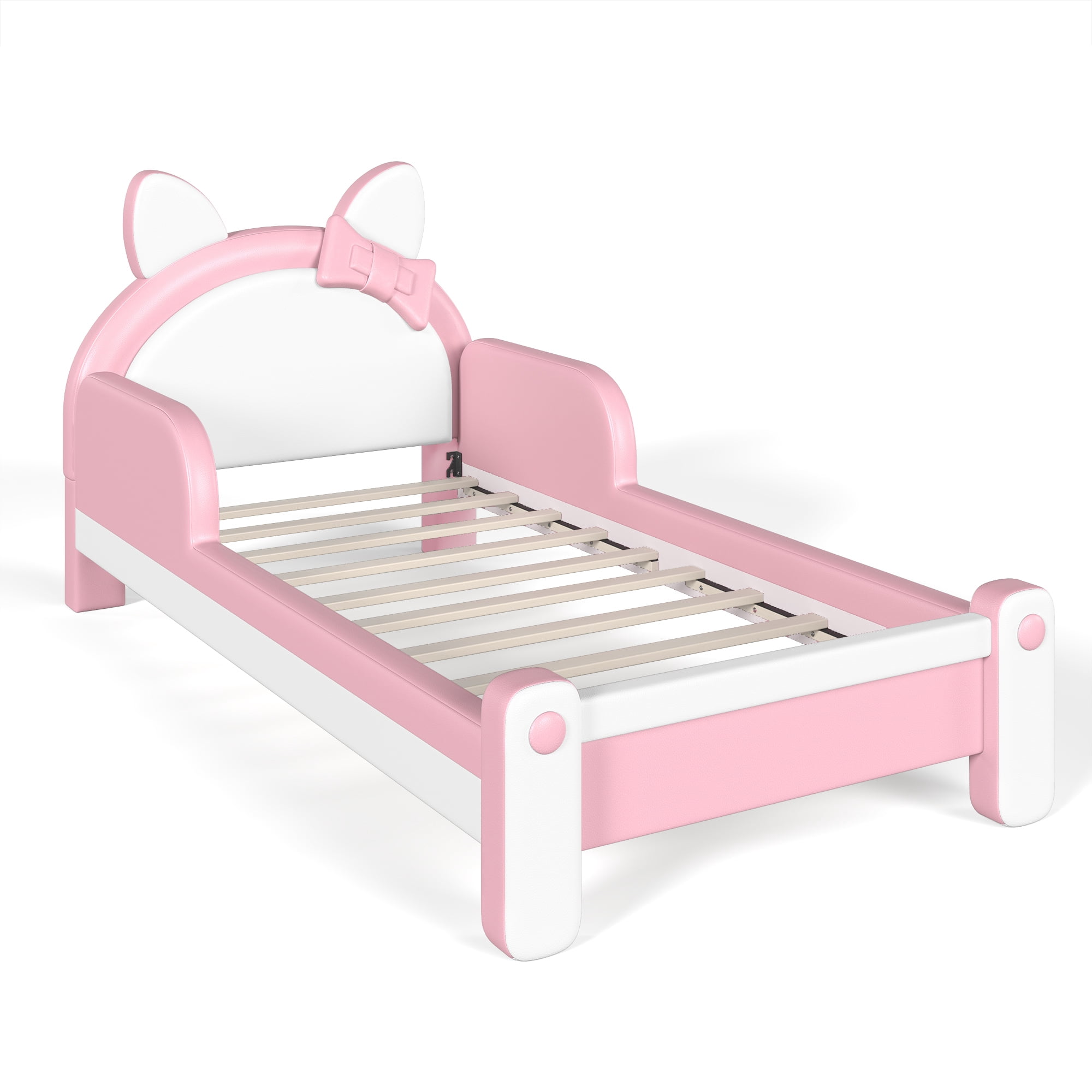 HOQBN Twin Size Cute Cat Shaped Upholstered Kids Platform Bed, Princess Style Low Profile Children Bed Frame for Bedroom White & Pink