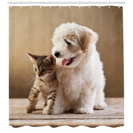 Animal Shower Curtain, Cute Baby Cat Kitten and Puppy Dog Best Friends Image Photo Artwork, Fabric Bathroom Set with Hooks, 69W X 70L Inches, Sand Brown Cream and White, by (Best Windows Image Backup)