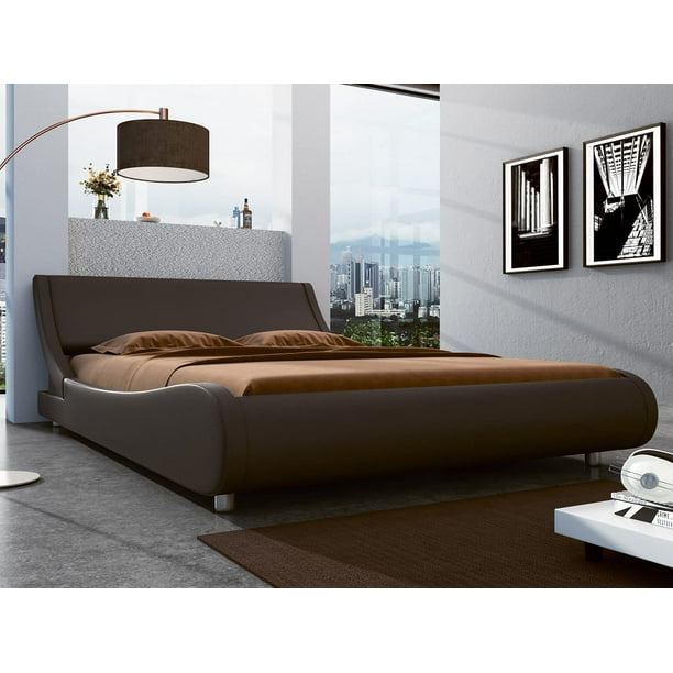 Sha Cerlin King Size Platform Bed Faux Leather Low Profile Sleigh Frame With Adjustable Headboard Wood Slat Support Dark Brown Com Sha Cerlin King Size Platform Bed Faux, King Size Brown Leather Sleigh Bed
