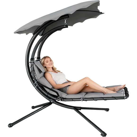 Chaises Longues d'Extérieur Courbées en Acier pour Patio, Chaise Longue Suspendue avec Auvent Parasol et Coussin, Chaise Hamac Balançoire pour Intérieur/patio/piscine/jardin/cour/véranda (Gris)