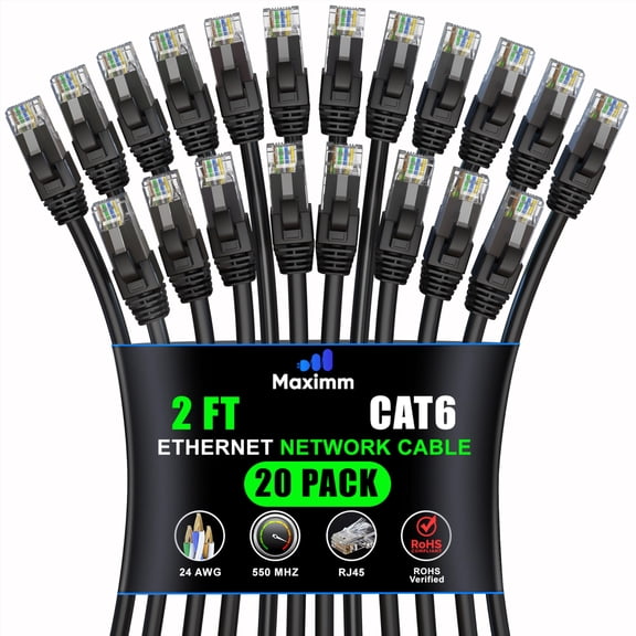 Maximm Cat 6 Ethernet Cable 2 ft (20-Pack) - High-Speed LAN Cable, Internet Cable, Patch Cable, and Network Cable - UTP, 10Gbps, 550MHz Ethernet Cord - Black
