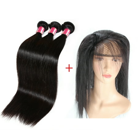 Allove 7A 360 Lace Frontal Closure with 3 Bundles Brazilian Straight Hair Weave, 10