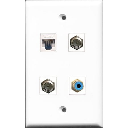RiteAV - 1 Port RCA Blue 2 Port Coax Cable TV- F-Type and 1 Port Cat5e Ethernet White Wall Plate