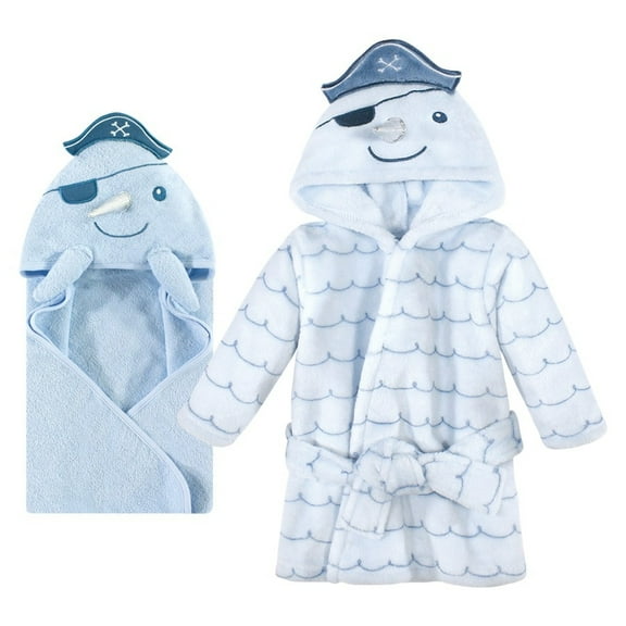Hudson Baby Infant Boy Cotton Animal Face Hooded Towel and Plush Bathrobe Bundle Set, Narwhal, 0-9 Months
