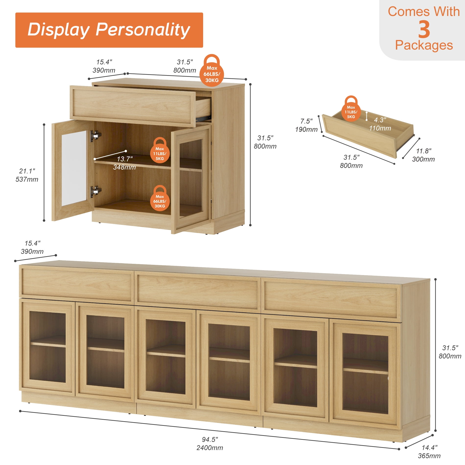 WAMPAT Modern TV Stand for TVs Up to 100", 3-in-1 Entertainment Center TV Console with 6 Doors and Drawer, Wooden Media Console Cabinet with Adjustable Shelf for Living Room, Bedroom, Oak