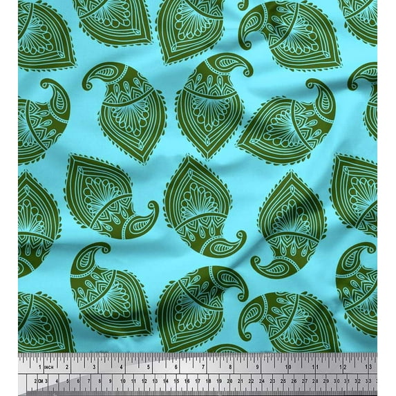 Soimoi Blue Poly Georgette Fabric Green Paisley Decor Fabric Printed Yard 42 Inch Wide