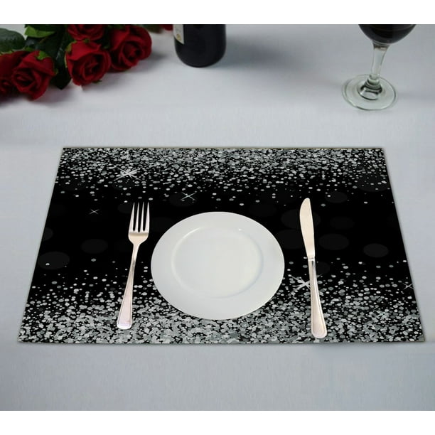 ABPHQTO Shiny Silver Glitter Black Table Placemat Food Mat 12x18 Inch