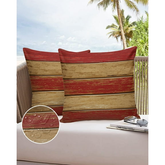 Farmhouse Rustic Red and Brown Barn Outdoor Pillow Covers Waterproof Throw Pillow Cover 16x16in Set of 2,Square Decorative Pillowcases Cushion Case for Patio Sofa Couch,Vintage Wooden Plank Board