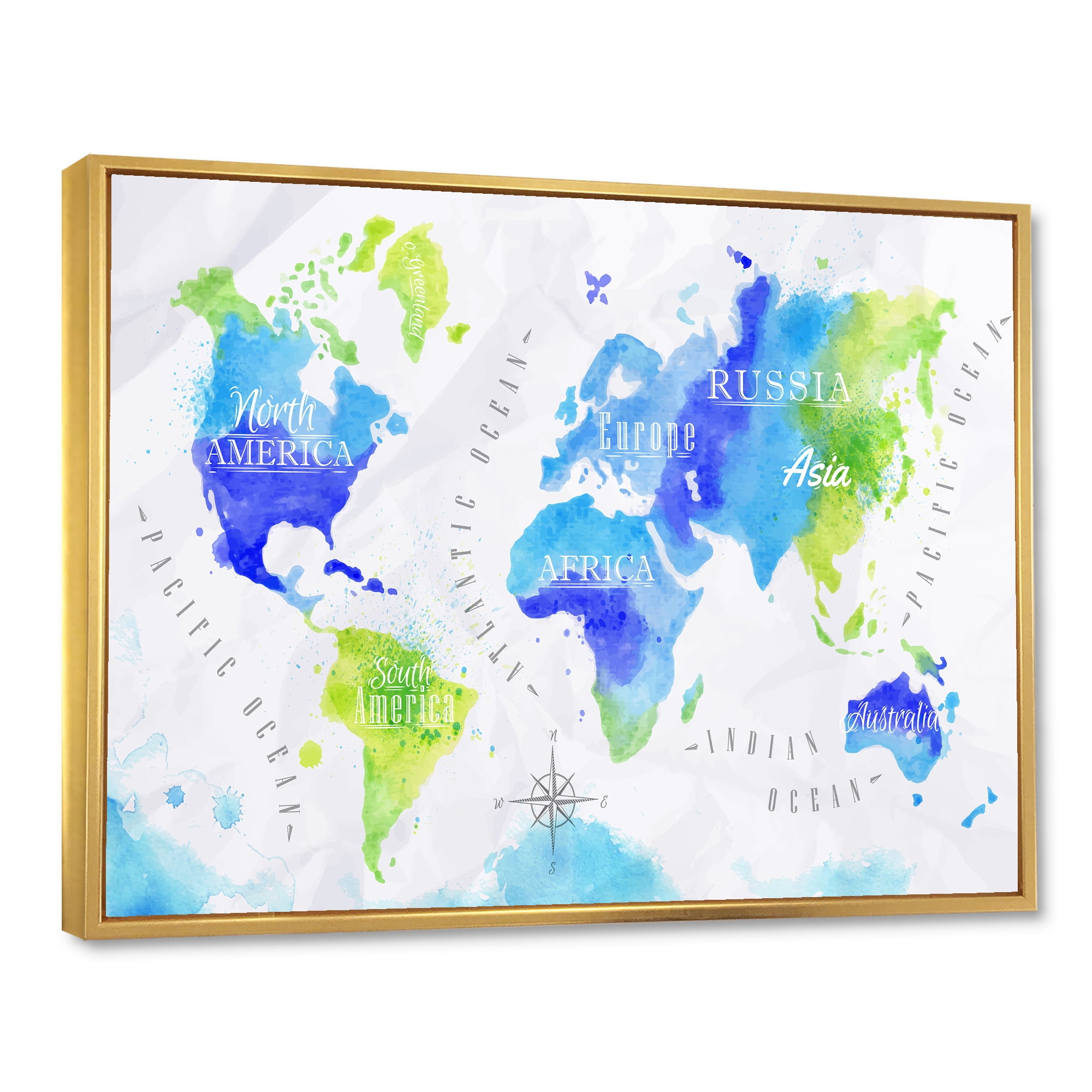 Designart 'World Map In Blue and Green' Modern Framed Canvas Wall Art Print