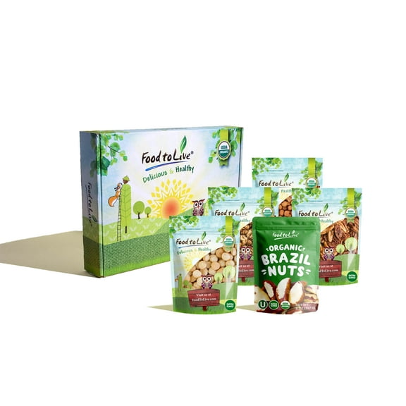 Organic Nuts in a Gift Box - A Variety Pack of Pecans, Macadamia Nuts, Hazelnuts, Walnuts and Brazil Nuts - by Food to Live