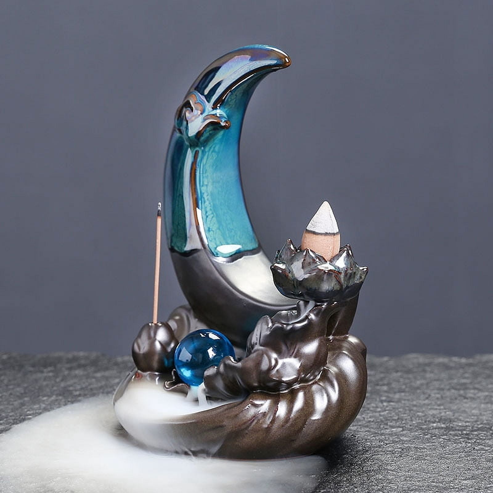 Ceramic Backflow Sandalwood Incense Burner Creative Moon Lotus Leaf Smoke Incense Stick Holder Zen Ornament Craft Decoration