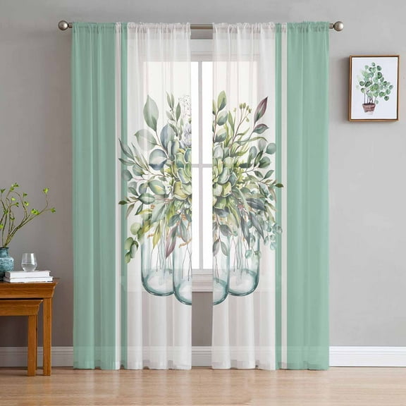 Eucalyptus Green Semi Sheer Curtains 72 Inch Length 2 Panels Set, Stripes Bottle Flower Cactus Plant Sheer Kitchen Curtain Privacy Voile Window Curtain for Living Room Bedroom Rod Pocket Drapes