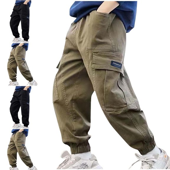 Crunowin Boys Cargo Pants, Elastic Waist With Pockets Spring Fall Kids Fall Everyday Wear Black 11 T