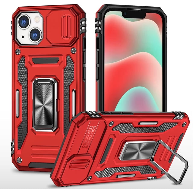 Funda para iPhone 14 Plus con tapa para cámara y soporte, anillo giratorio de 360°, magnética, color rojo
