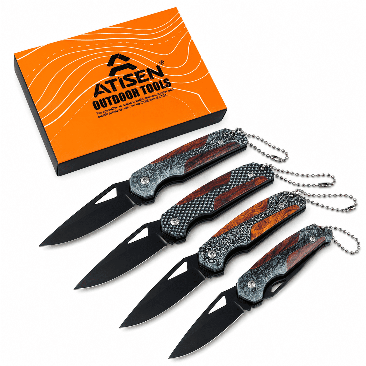 ATISEN 4-Piece Folding Pocket Knife Set Stainless Steel Drop Point Blade with Decorative Handle Lightweight EDC Folding Knife Set with Ball Chain and Gift Box