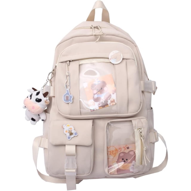 LHSHIDU Kawaii Backpack with Pins Kawaii School Backpack Cute Aesthetic Backpack Cute Kawaii Backpack for School (Beige, With Accessories)