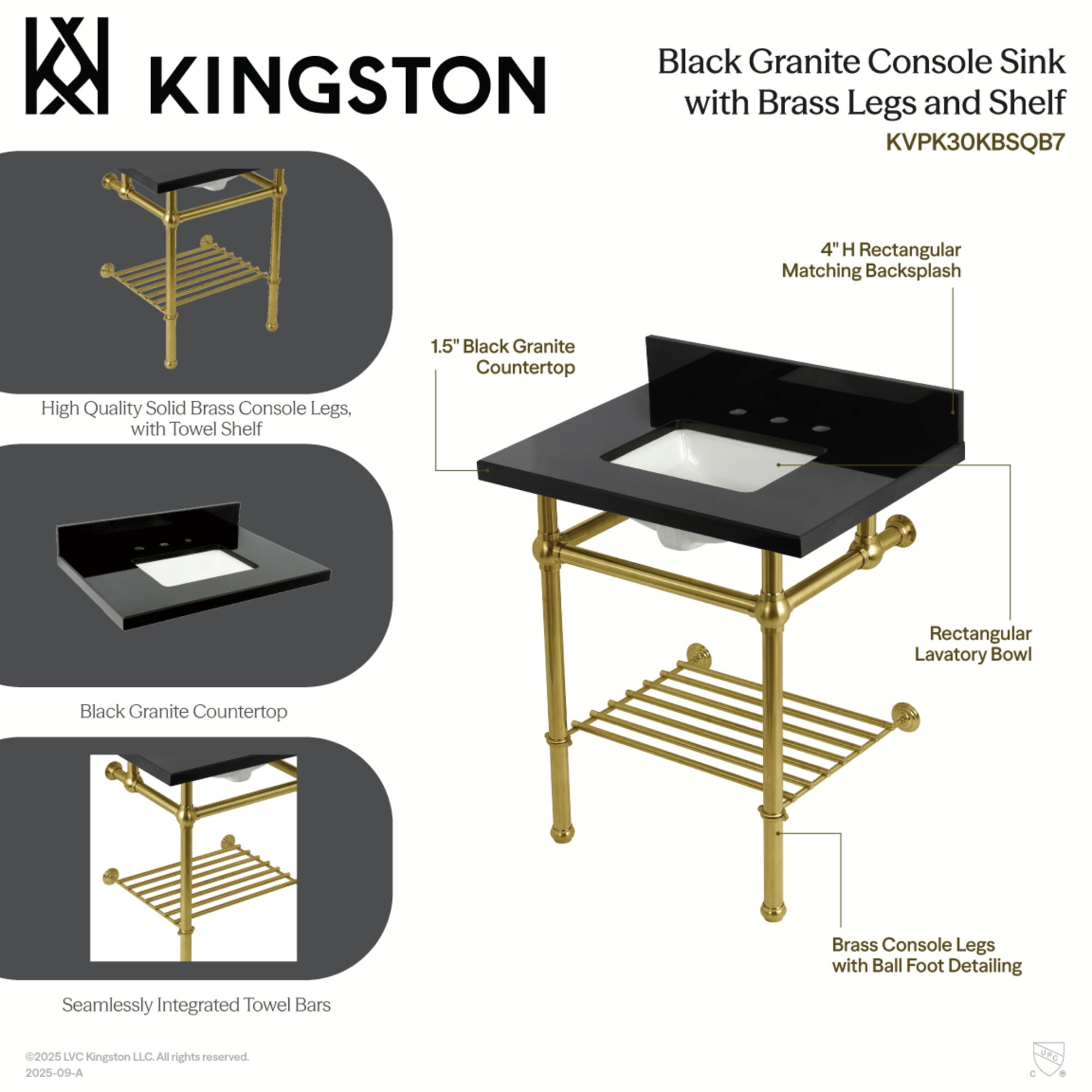Kingston Brass KVPK30KBSQB1 Templeton 30-Inch Black Granite Console Sink with Brass Legs and Shelf (8-Inch, 3-Hole) in Black Granite/Polished Chrome