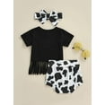 thumbnail image 4 of Liacowi Infant Girl Short Sleeve Tops + Shorts + Bow Headband Tassel Letter Cow / Camouflage / Rainbow Clothing Outfits Set, 4 of 9