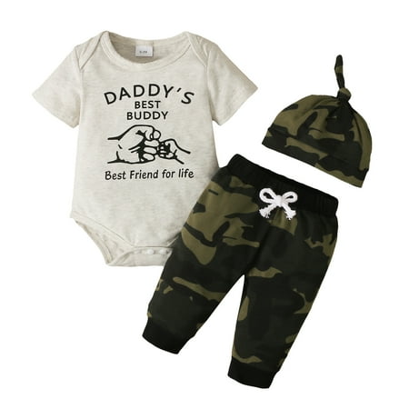 

Baby Boys Clothes Letter Short Sleeve Romper 3 Months Boys Camouflage Shorts 6 MOnths Boys Hat 3Pcs Outfits Set Apricot