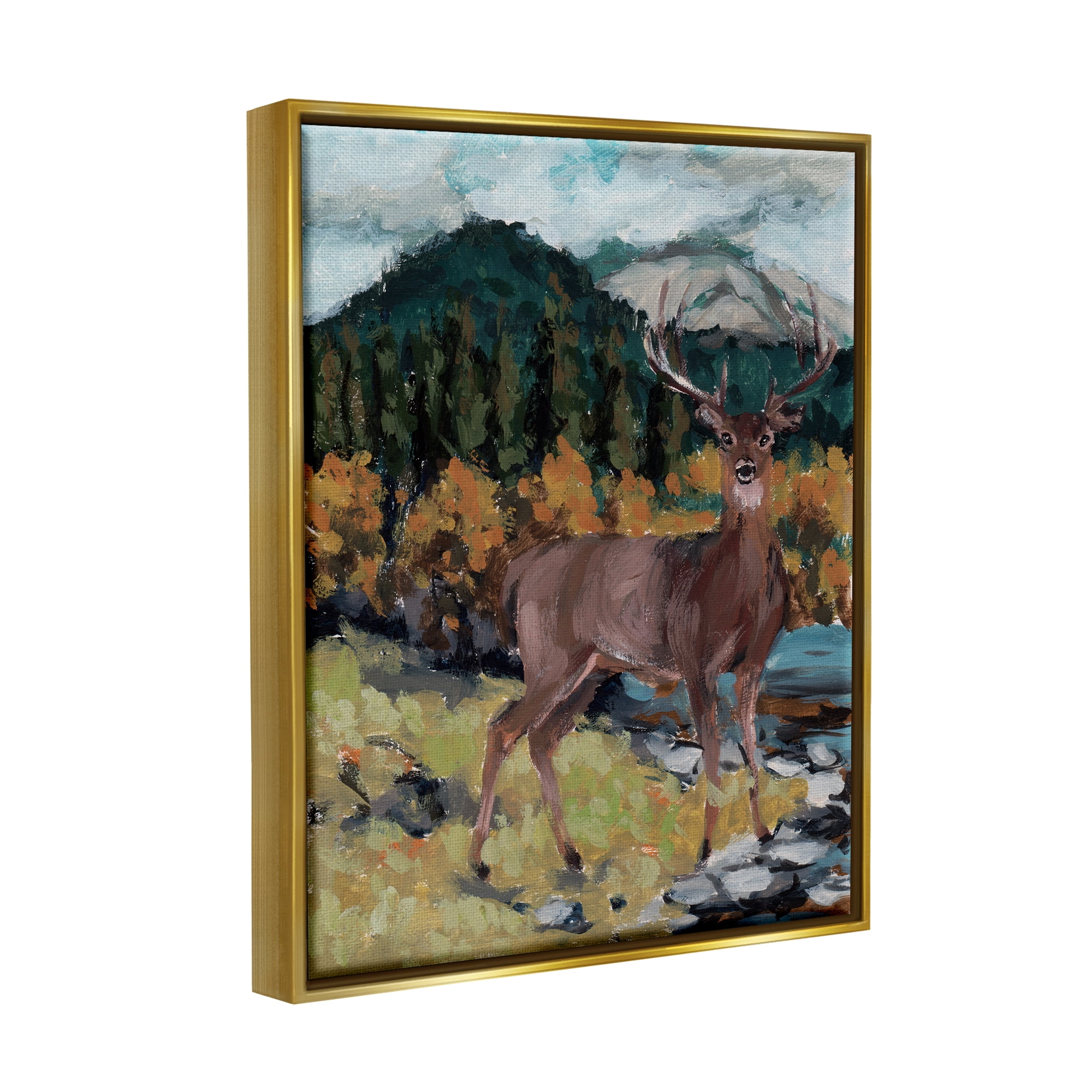 Stupell Deer Wildlife River Landscape Animals & Insects Painting Gold Floater Framed Art Print Wall Art