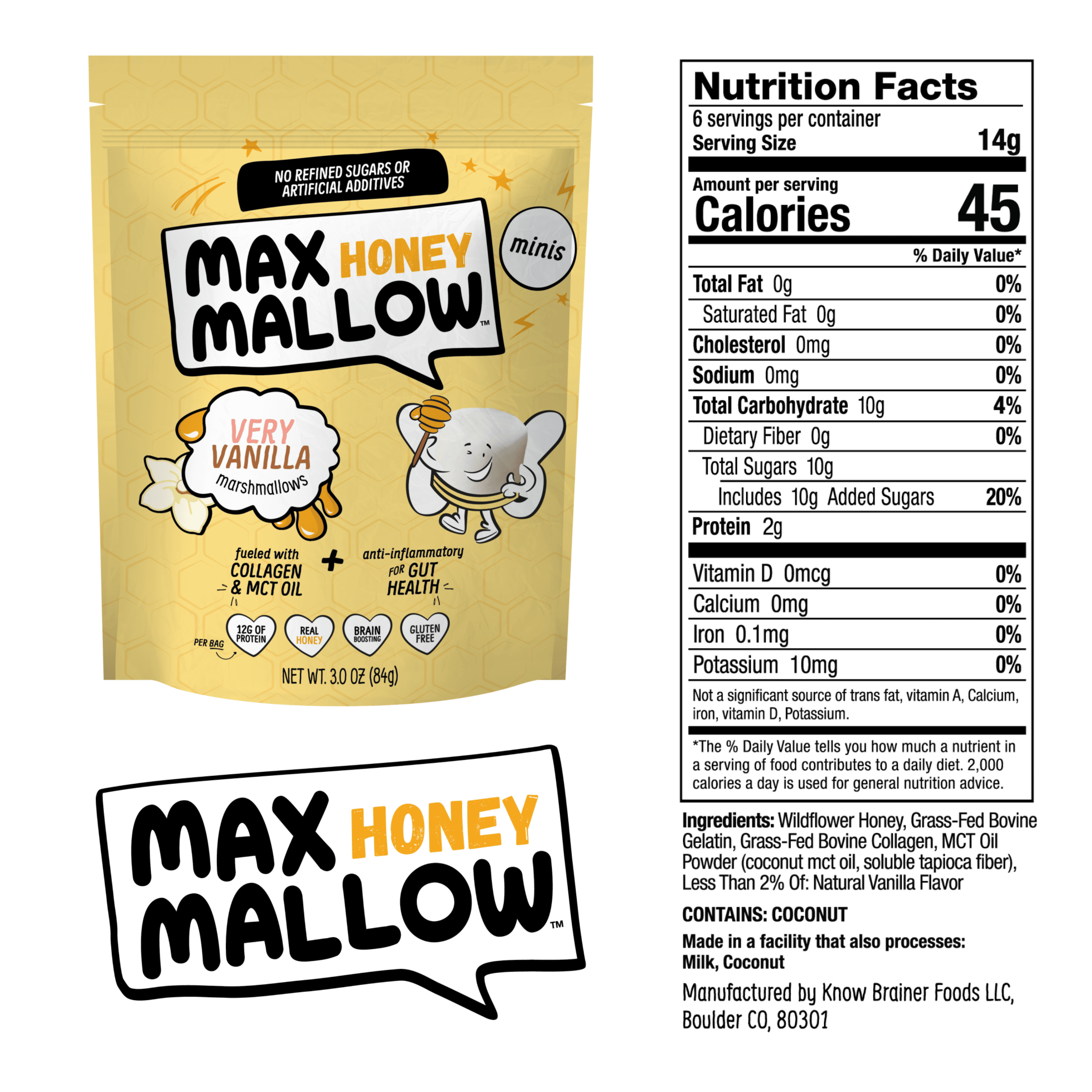 Know Brainer Very Vanilla Mini Honey Marshmallows – Gluten Free, Collagen-Infused, No Refined Sugars