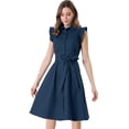 thumbnail image 1 of Vestido Camisero a Media Pierna Allegra K de Algodón Con Cinturón Y Manga Con Volantes Azul marino L, 1 of 6