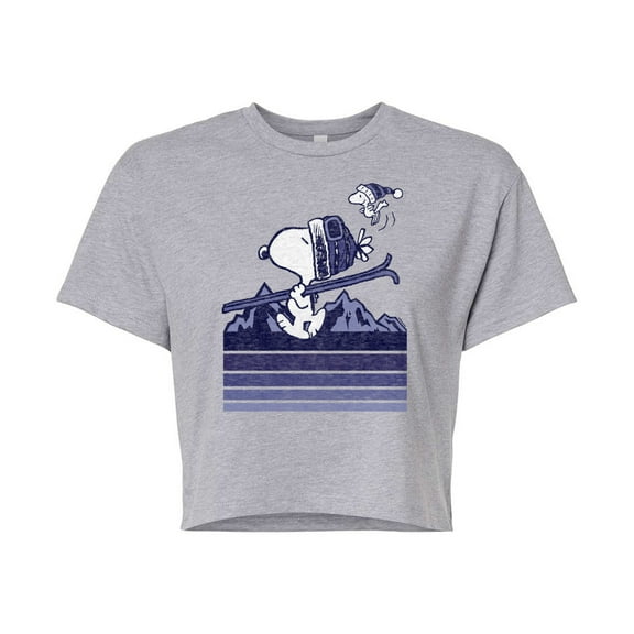 Peanuts - Snoopy Woodstock Ski Stripes - Juniors Cropped Cotton Blend T-Shirt