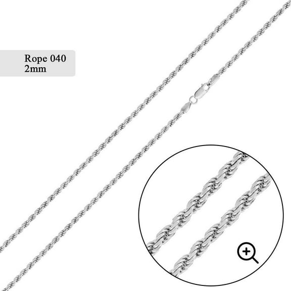 Sterling Silver 925 High Polished DC Rope 040 Chain 2mm Made in Italy 16" Jewelry Female Unisex