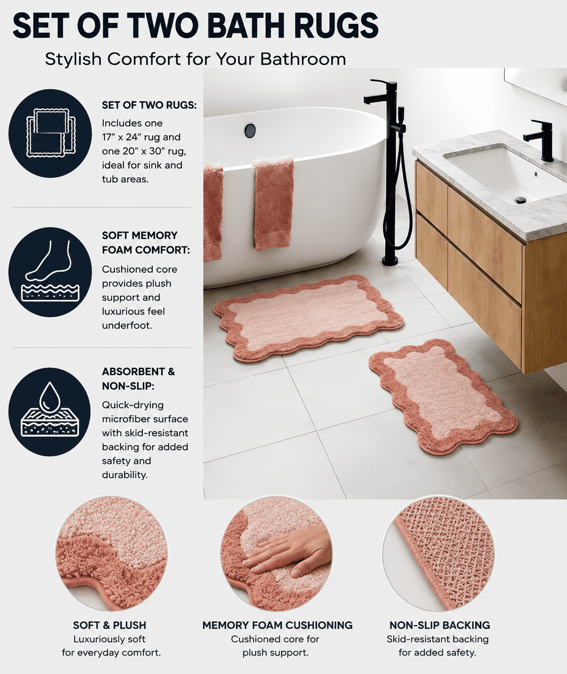 Mainstays 2-Piece Scallop Bath Rug Set, Terracotta, 17 in x 24 in & 20 in x 30 in