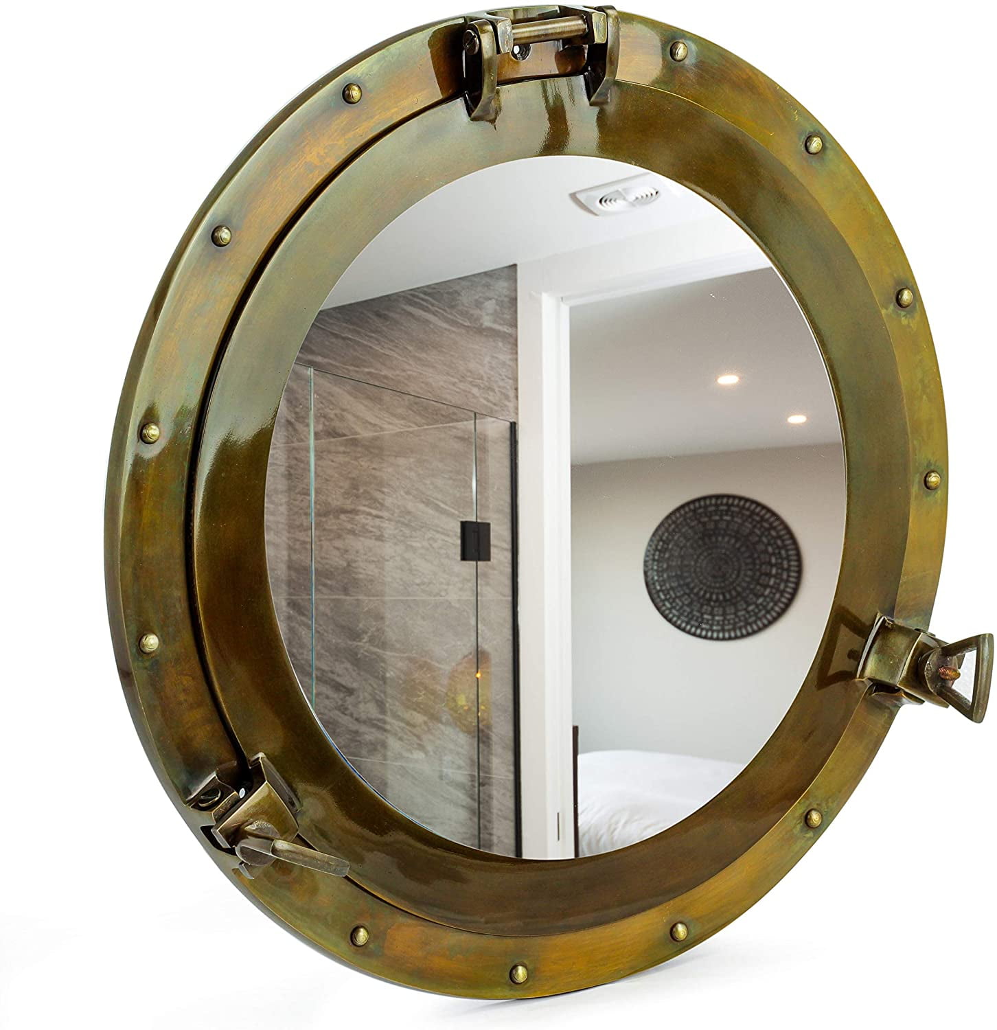 17" Wooden Porthole Mirror w/ Distressed White Finish 