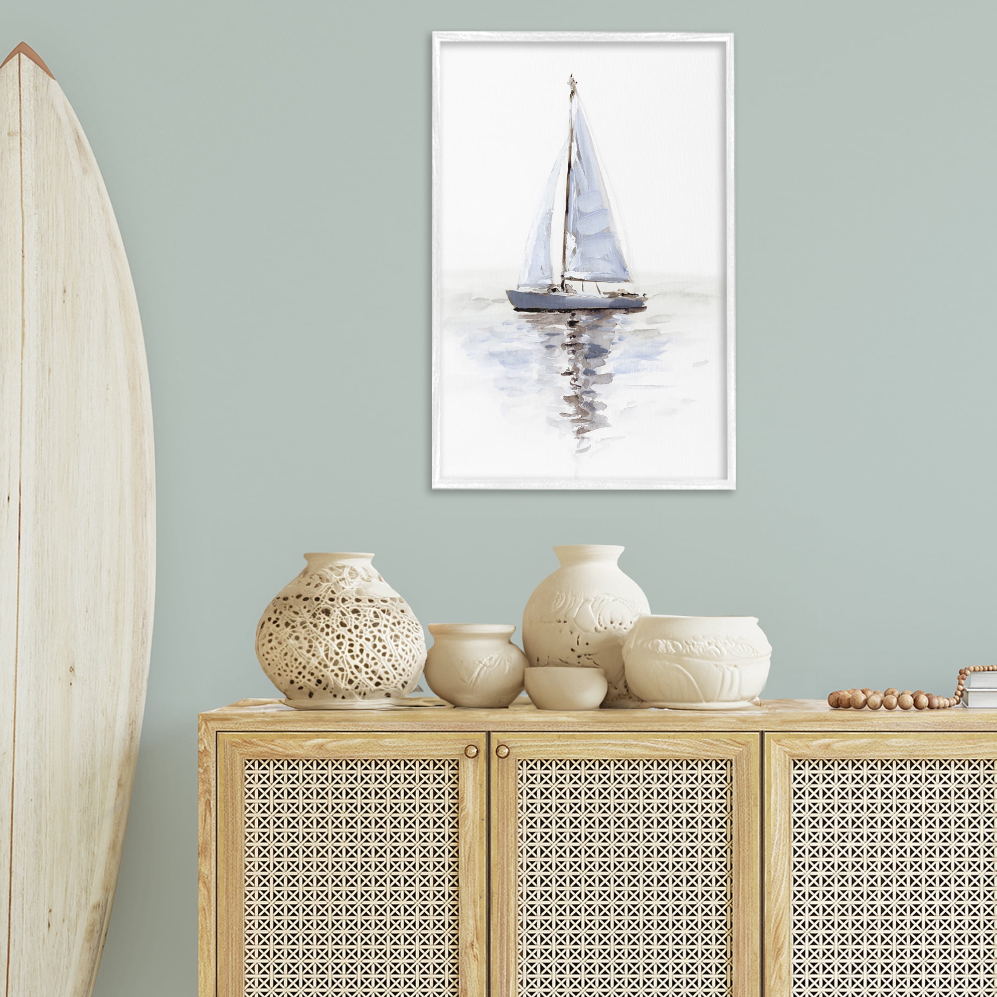 Stupell Industries Minimal Sailboat Reflection Transportation Painting White Framed Art Print Wall Art, 20 x 30