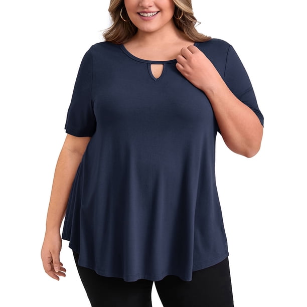 GRACE & GRANDEUR Blusas de Talla Grande para Mujeres con Cuello en Llave, Camisetas de Manga Corta, Blusa de Punto Casual 4X Azul Marino