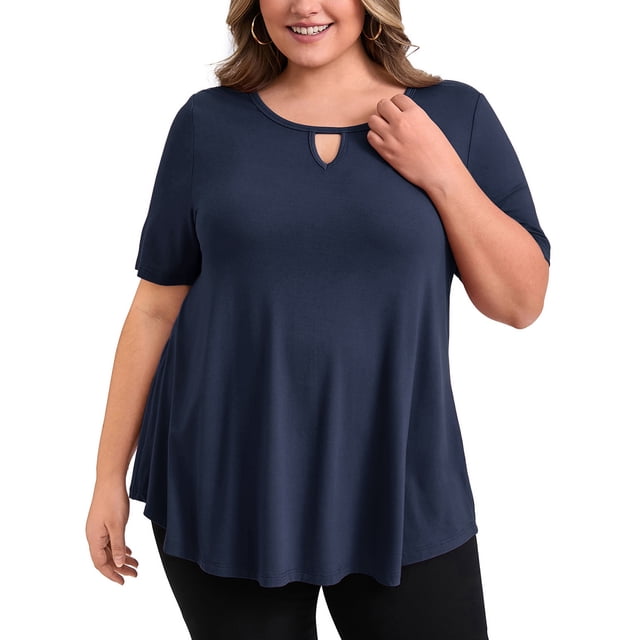 GRACE & GRANDEUR Blusas de Talla Grande para Mujeres con Cuello en Llave, Camisetas de Manga Corta, Blusa de Punto Casual 4X Azul Marino