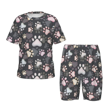 Zufioo Colorful Paws Of Dog Print Boys and Girls Short-sleeved Pajamas Set  Elastic Shorts  Round Neck Top  Pajamas Two-piece Set  Suitable for Home and Sports-XX-Large