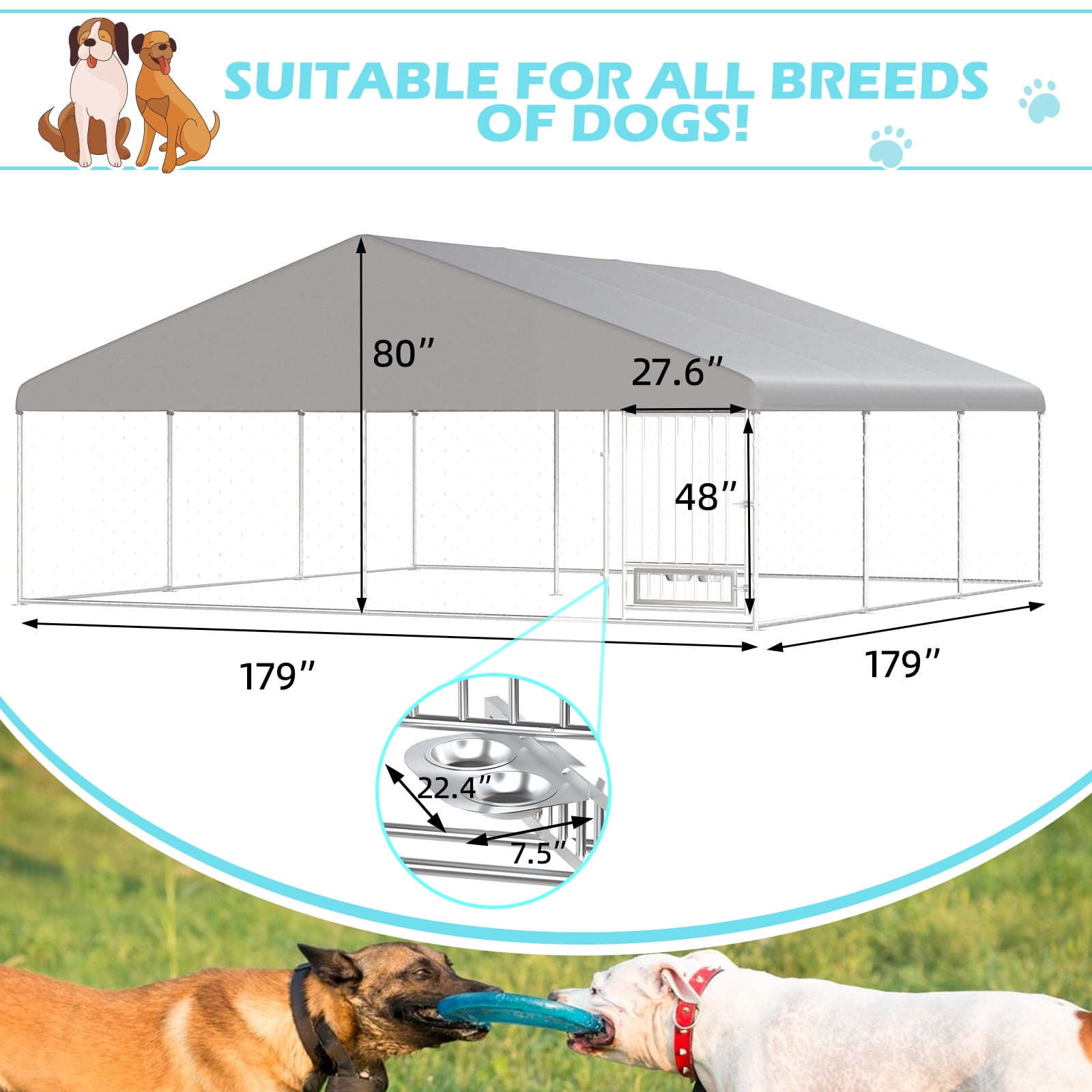 Erinnyees 15FT Outdoor Dog Kennel, Extra Large Dog House Pen Enclosure with Roof, Rotated Dog Bowls, Secure Lock, Wateproof Sunproof Cover