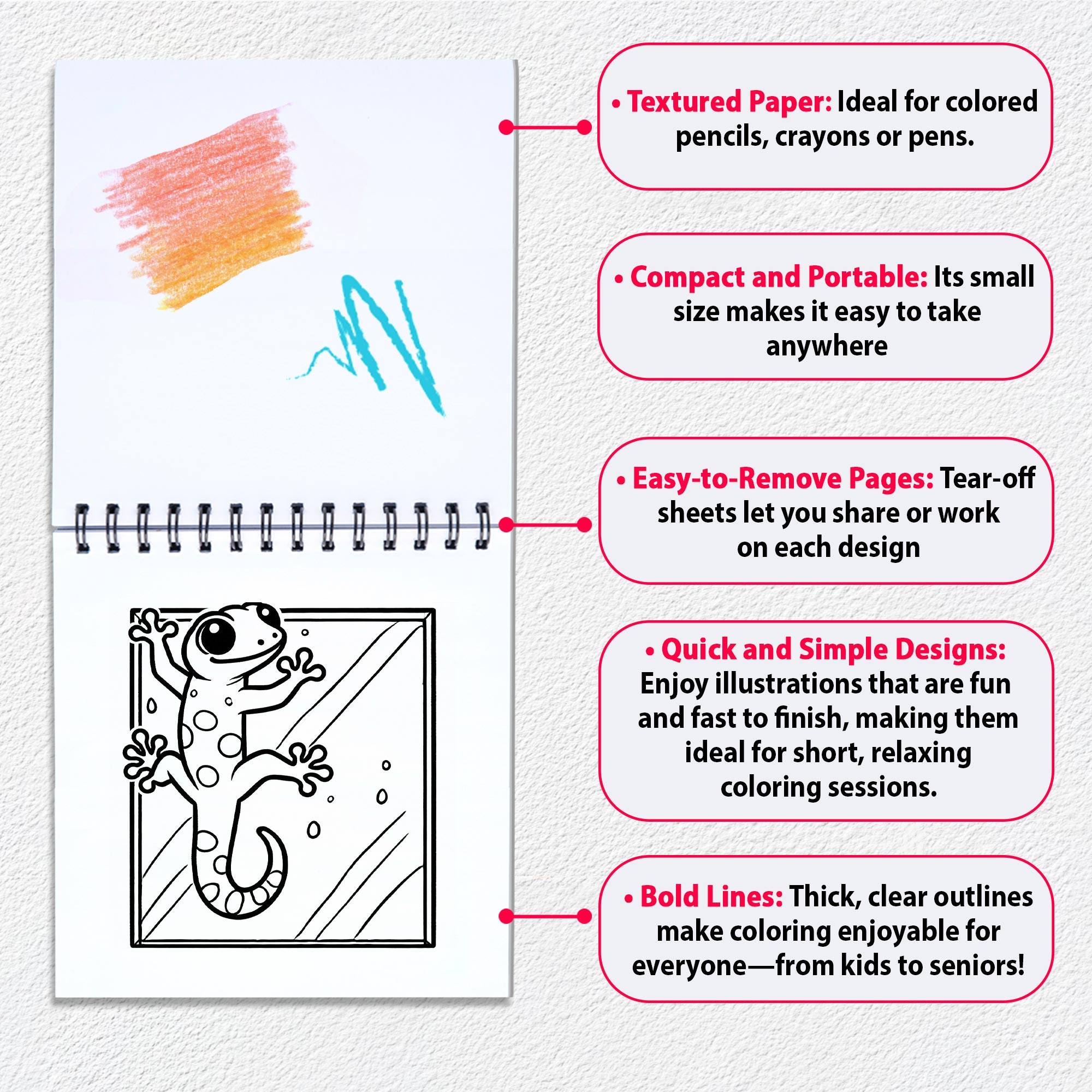 Various Themes Mini Coloring Book Spiral Bound for Adult, Pack 6, 3.5” x 3.5” Pocket Size, 40 Coloring Pages Stress & Anxiety Relief, Travel for Women Men