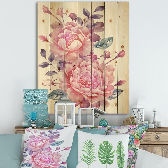 Designart 'Pink Retro Flowers With Blue Leaves On White' Traditional Print on Natural Pine Wood