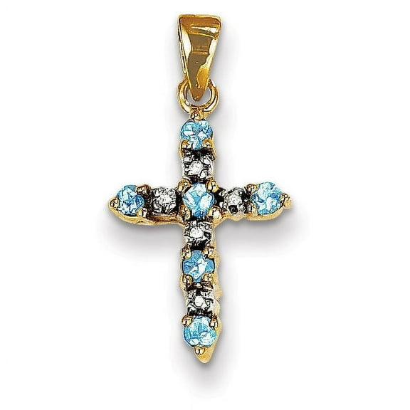 14K Gold Blue Topaz and Diamond Cross Pendant
