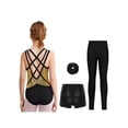 thumbnail image 2 of Hansber Kids Girls 4-Piece Gymnastics Leotard Sparkling Figure Ice Skating Outfit with Shorts Leggings Hairband Black Gold 12, 2 of 7