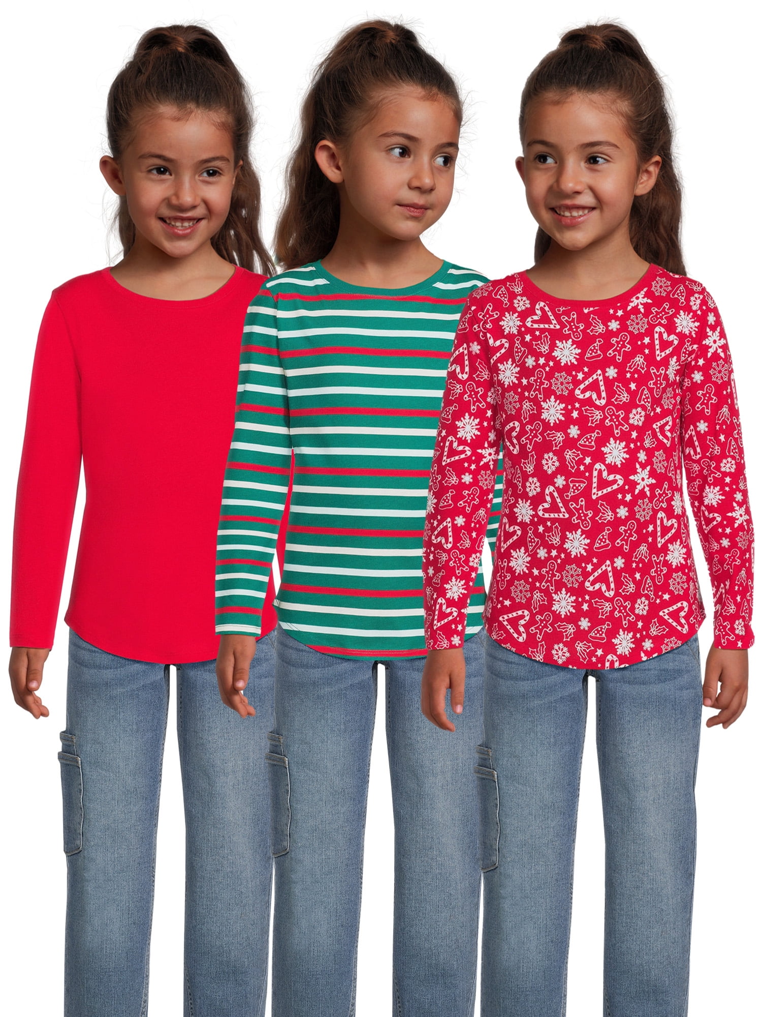Wonder Nation Girls Long Sleeve Solid, Print, Graphic Tees, 3-Pack, Sizes 4-18 & Plus