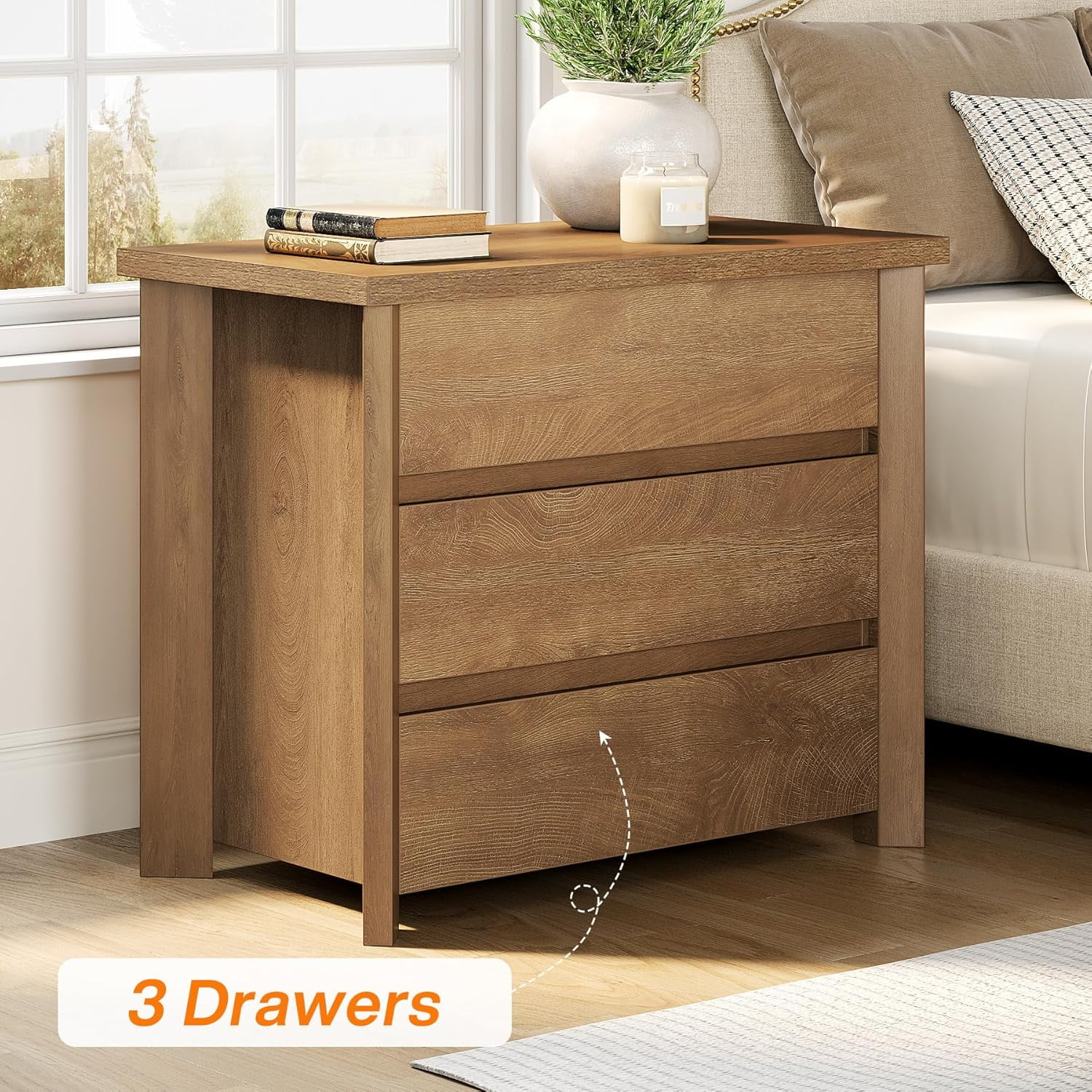 Tribesigns Wood Nightstand with 3 Drawers, Farmhouse Large Bedside Table with Storage for Bedroom, Living Room (Rustic Brown, 2pcs)
