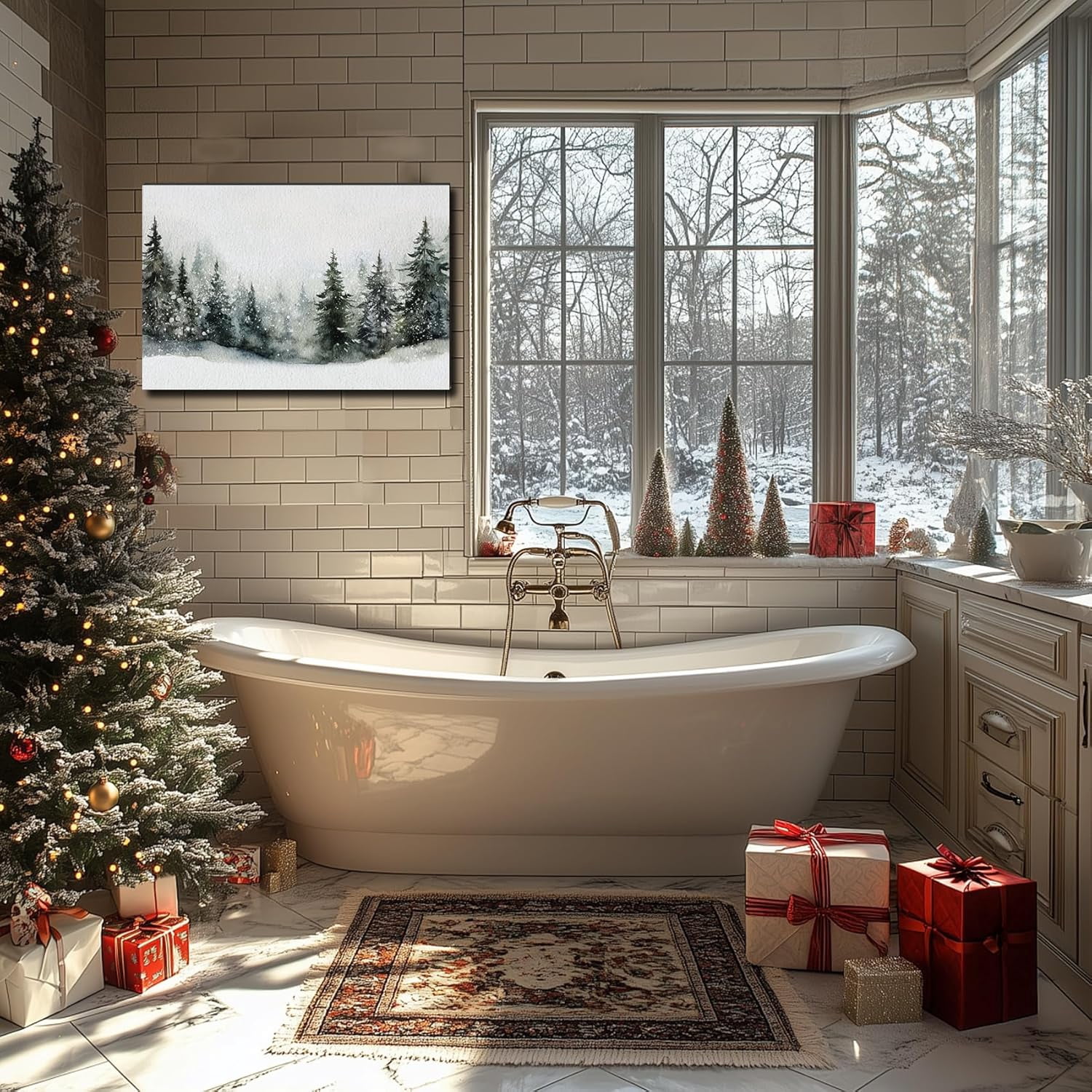 Framed Christmas Wall Art, Pine Tree Artwork Christmas Decoration Indoor, Rustic Landscape Snow Winter Forest Painting Canvas Print Wall Picture for Living Room Decor