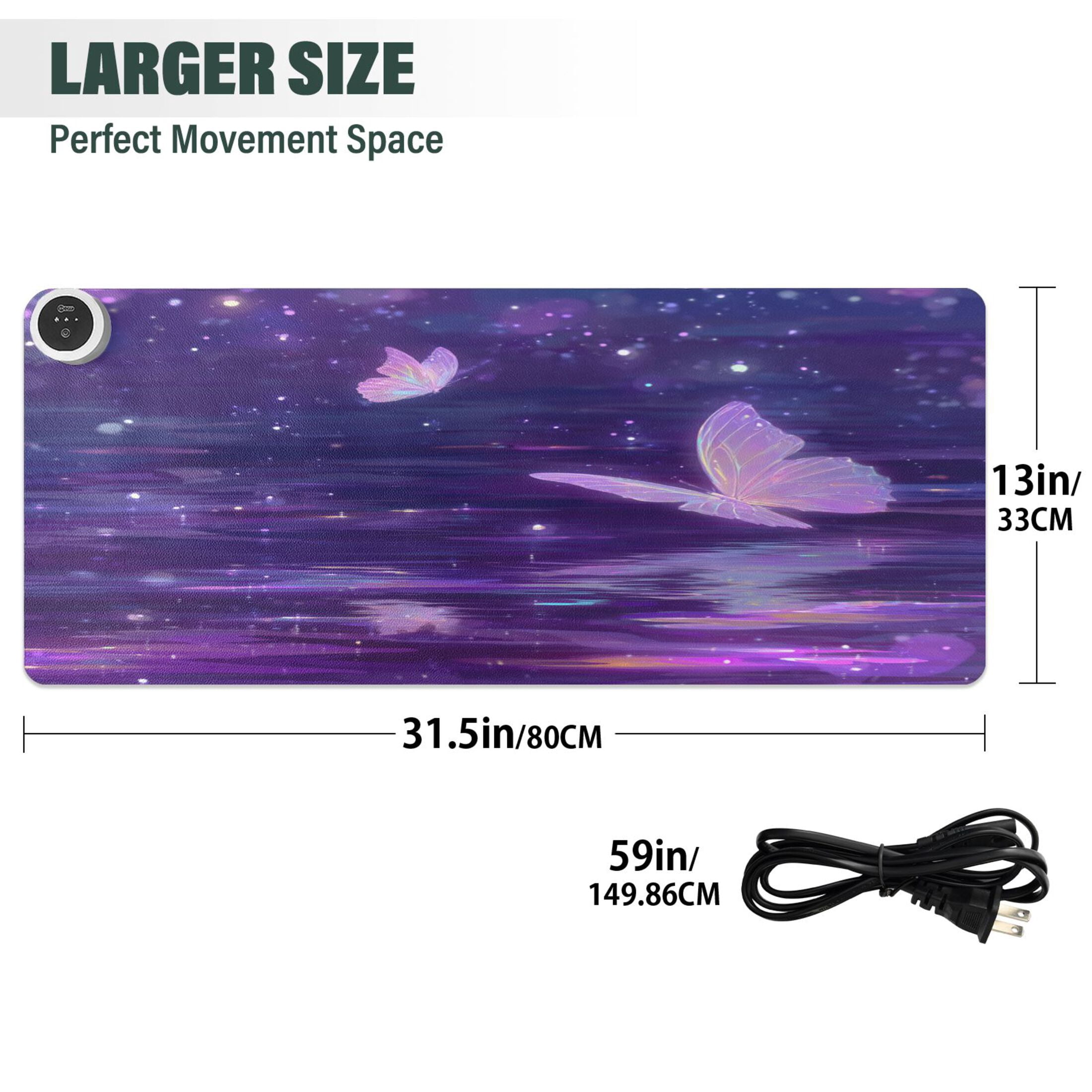 Large Heated Desk Mat Mouse Pad 31.5"x13"PU Leather Graphene Heating Desk Warmer with 3 Temperature Settings 110V US Plug Non-Slip Warm Pad for Home, Office, and Gaming Crystal Pink Butterfly Pattern
