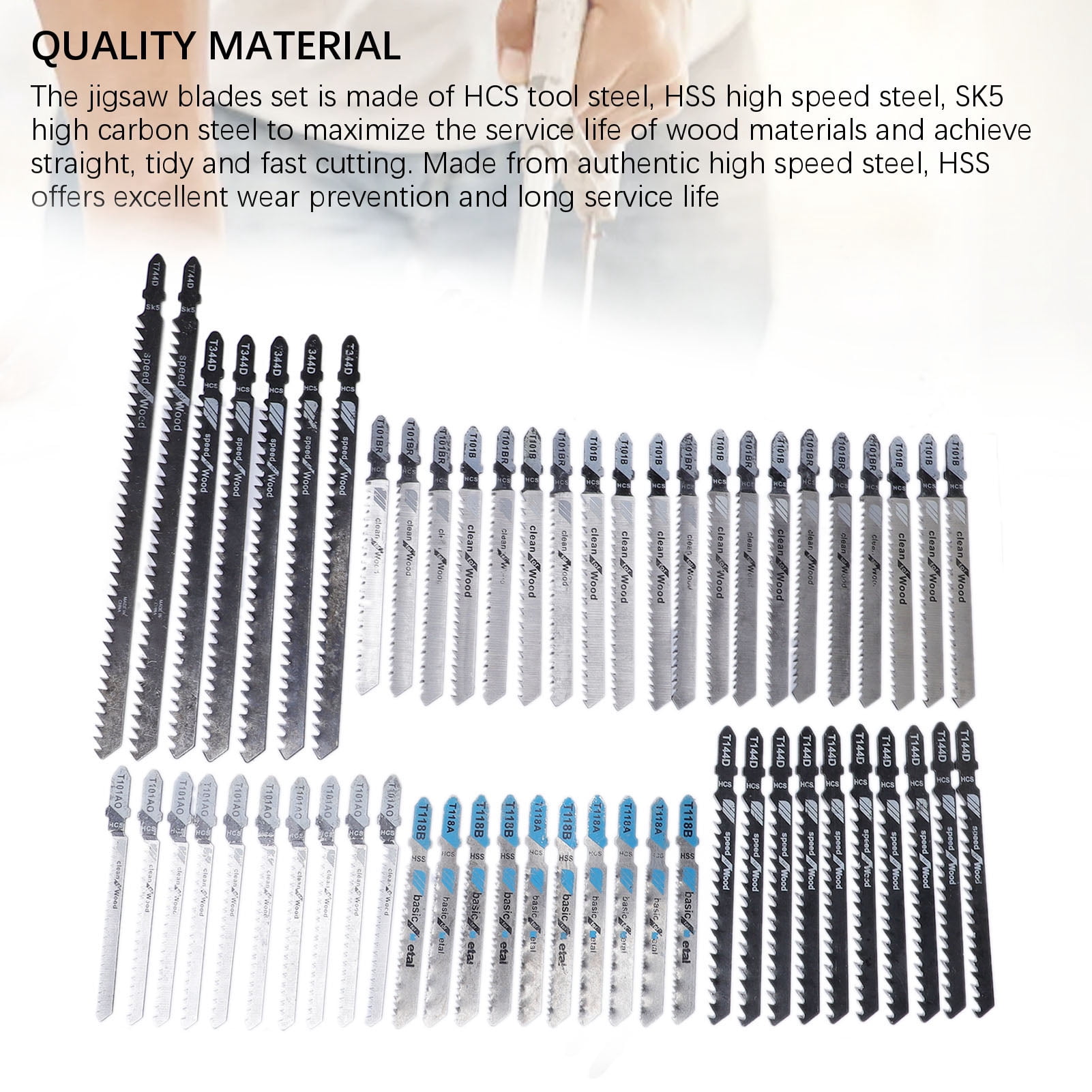 Yajisi 57Pcs Jigsaw Blades Set T Shank Jig Saw Replacement HCS HSS SK5 High Carbon Steel For Wood Plastic Metal Cutting Woodworking Accessories 8.27 inches / 21 cm Length