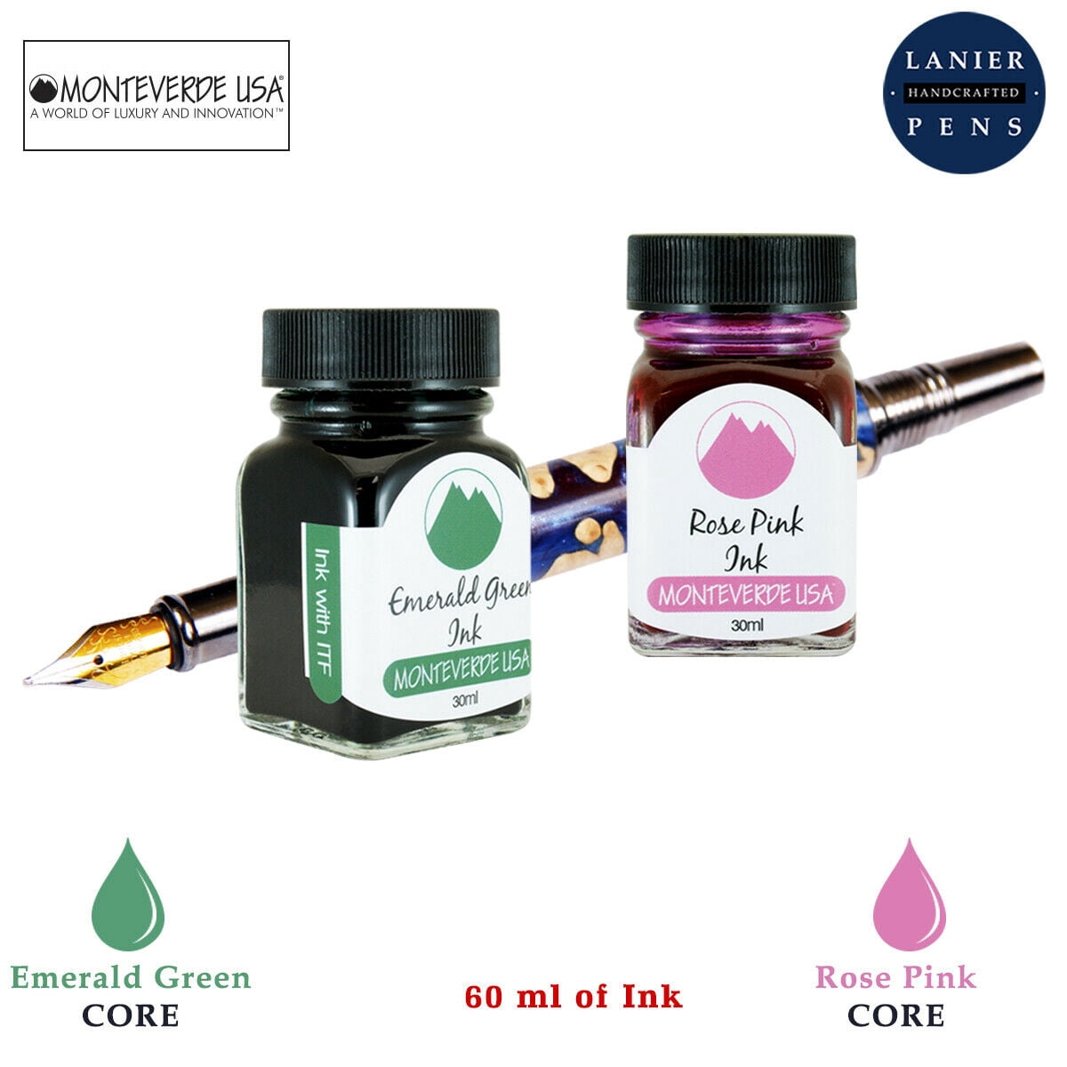 Monteverde 60ml Core Fountain Pen Ink Bottle (30ml Emerald Green Ink Bottle G309EG, 30ml Rose Pink Ink Bottle G309RP)