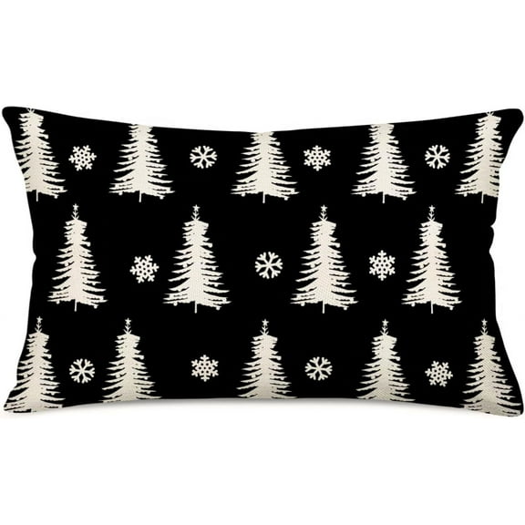 Merry Christmas Trees Black White Snowflake Throw Pillow Covers Winter Xmas Rectangular Decorative Pillow Cases Cushion Cover Outdoor Decorations Sofa Cotton Linen 12x20 Inch