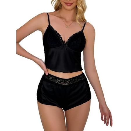 

Sexy Solid Spaghetti Strap Short Sets Sleeveless Black Womens Pajama Sets (Women s)
