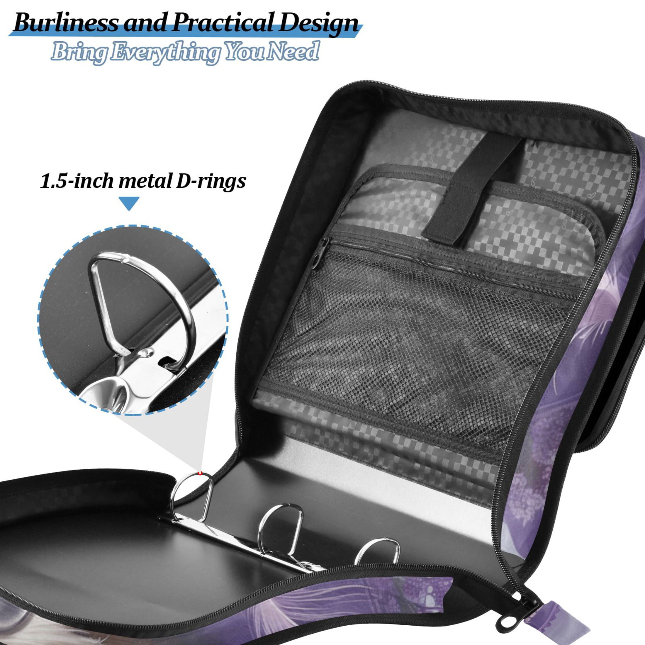 3 Ring Zipper Binder with Shoulder Strap Waterproof Trapper Keeper 2 Inch D-Ring 500 Sheets Capacity Elegant Cat with Lilac Flowers Hat